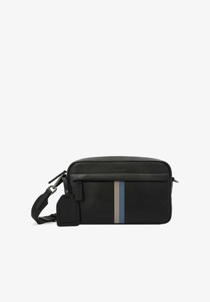 Black leather bag with a top zipper, featuring two vertical stripes in gray and blue. Includes an adjustable shoulder strap and a tag.