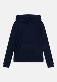 Sweatshirt à capuche bleu marine avec des manches longues, texture côtelée, poche avant, et coupe décontractée. Matière douce et design minimaliste.