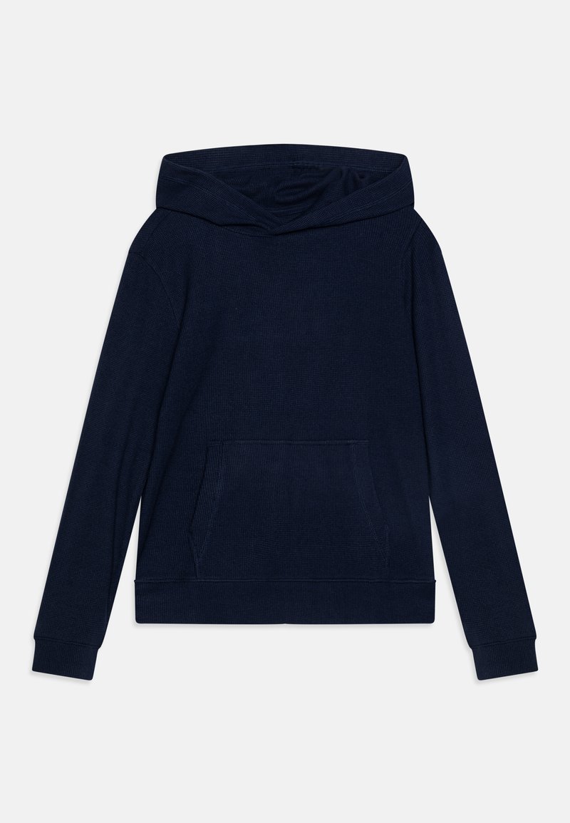 Navy blue hooded sweatshirt with long sleeves, ribbed texture, front pouch pocket, and a relaxed fit. Soft material and minimalist design.