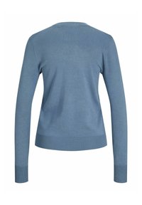 Maglione blu lavorato a maglia con scollatura rotonda, maniche lunghe e orlo e polsini a costine. Vista dal retro, texture liscia e design aderente.