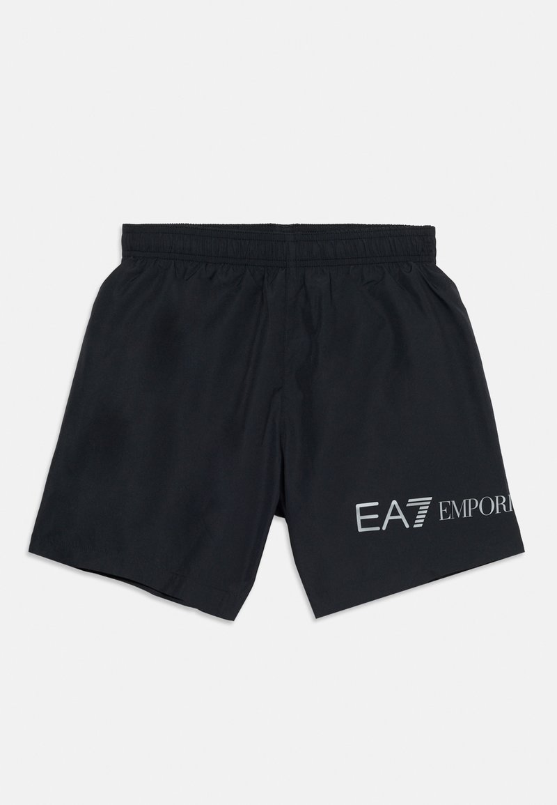 Short de bain noir à taille élastique avec logo "EA7 Emporio" imprimé sur la partie inférieure de la jambe droite.