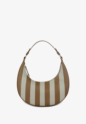 Bruin en beige gestreepte, halvemaanvormige handtas met een enkele verstelbare leren band en ritssluiting.