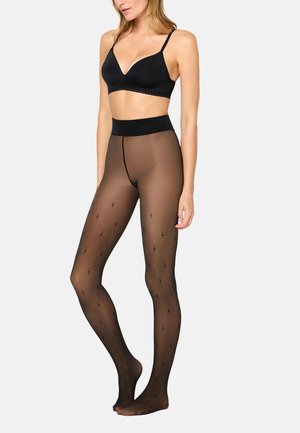 Schwarze, transparente Strumpfhose mit hohem Bund, die ein strukturiertes Muster aus kleinen schwarzen Kreuzen im gesamten Material aufweist.