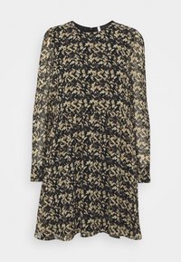 Long-sleeve dress in sheer fabric, featuring a black, beige, and brown abstract pattern. Round neckline, slightly flared silhouette.