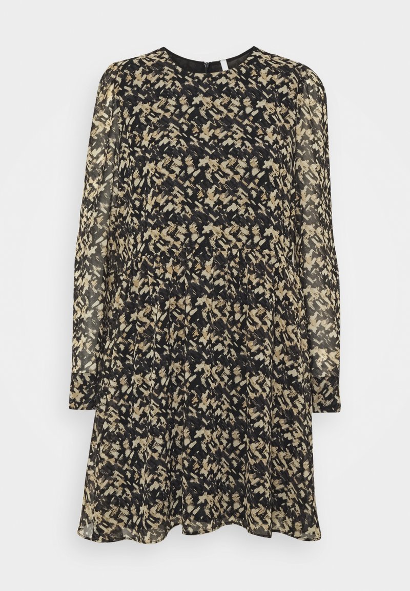 Long-sleeve dress in sheer fabric, featuring a black, beige, and brown abstract pattern. Round neckline, slightly flared silhouette.