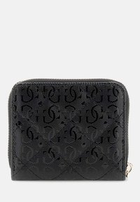 Portefeuille noir avec un motif texturé, doté d'une fermeture éclair et d'un logo en relief subtil. Fabriqué en matériau durable, de forme compacte.