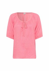 Blusa rosa a maniche corte con scollatura rotonda e dettaglio a fiocco sul davanti. Realizzata in tessuto leggero con una finitura leggermente strutturata.