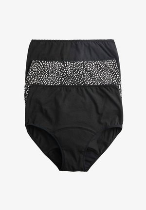 Tres braguitas de algodón para mujer de tiro alto en negro, una de ellas con un patrón abstracto de manchas en blanco y negro.