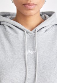 Felpa grigia con cappuccio realizzata in materiale morbido, caratterizzata da un cordino e un logo ricamato in bianco. Vista ravvicinata del collo e del petto.