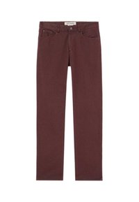 Bordeauxfarbene Denim-Jeans mit geradem Schnitt, ausgestattet mit klassischem Fünf-Taschen-Design, vorderem Knopfverschluss und dezenten Nähdetails.
