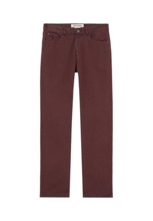 Bordowe dżinsy o prostym kroju, z klasycznym pięciokomorowym wzorem, z przodem zapinanym na guzik i subtelnymi detalami szwów.