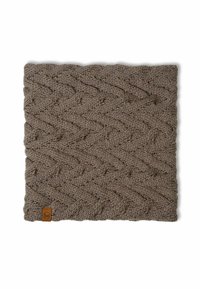 Knitted cowl in a warm taupe color, featuring a textured chevron pattern. Includes a small leather logo tag. Soft, chunky fabric.