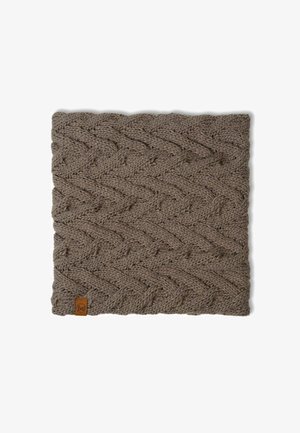 Cuello de punto en un cálido color topo, con un patrón de chevrón texturizado. Incluye una pequeña etiqueta de piel con logo. Tejido suave y grueso.