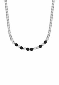 Zilveren slangenketting met afwisselend glanzend zwarte en reflecterende ronde kralen. Het ontwerp heeft een slanke, moderne esthetiek.