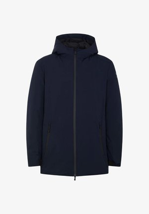 Marineblå hættejakke med frontlynlås, to sidelommer og en glat tekstur. Har et minimalistisk design uden synlige mønstre.