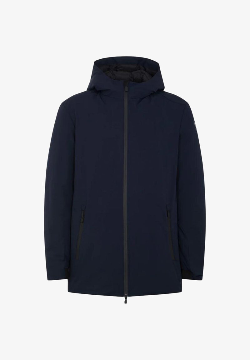 Veste à capuche bleu marine avec une fermeture éclair à l'avant, deux poches latérales et une texture lisse. Présente un design minimaliste sans motifs visibles.