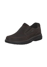 Braune Slipper aus Leder. Verfügt über elastische seitliche Einsätze und kontrastierende Nähte. Abgerundete Zehenpartie und strukturierte Gummisohle.