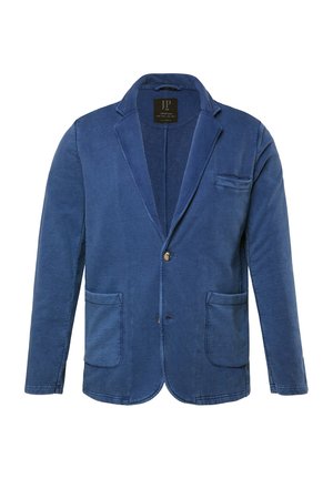 Blauer Freizeitblazer mit Reverskragen, zwei aufgesetzten Taschen unten vorne, einer Brustleistentasche und Zweiknopfverschluss.