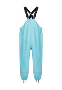 Modré voděodolné montérky s nastavitelnými šlemi, elastickými manžetami, zesílenými kolenními částmi a reflexními detaily na kotnících.