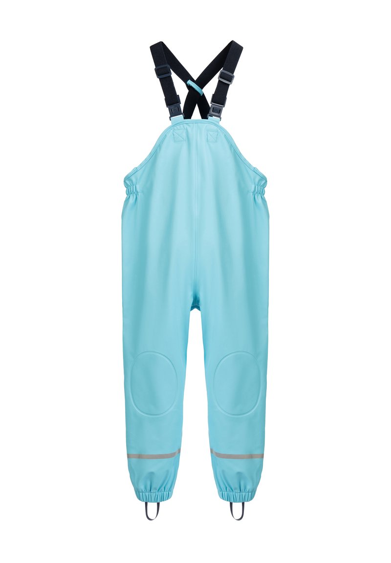 Modré voděodolné montérky s nastavitelnými šlemi, elastickými manžetami, zesílenými kolenními částmi a reflexními detaily na kotnících.