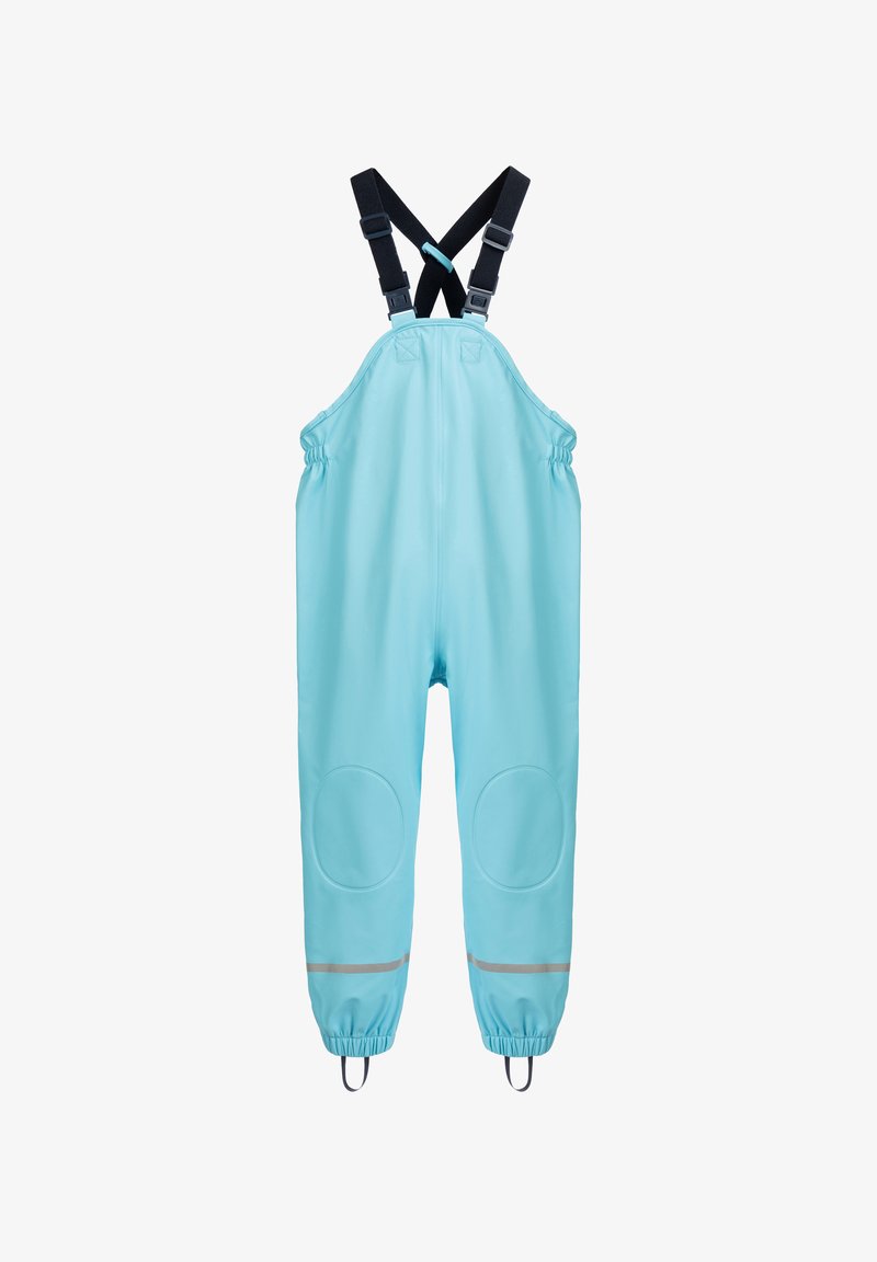 Modré voděodolné montérky s nastavitelnými šlemi, elastickými manžetami, zesílenými kolenními částmi a reflexními detaily na kotnících.