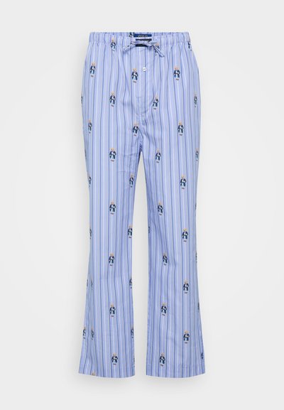 Calças de pijama à risca azul, feitas de um tecido com uma textura suave. Apresenta pequenos padrões de ursos a usar roupas, com uma cintura elástica.