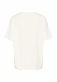 T-shirt blanc à manches courtes en coton. Présente une coupe décontractée et un col rond. Le dos est uni sans détails supplémentaires.