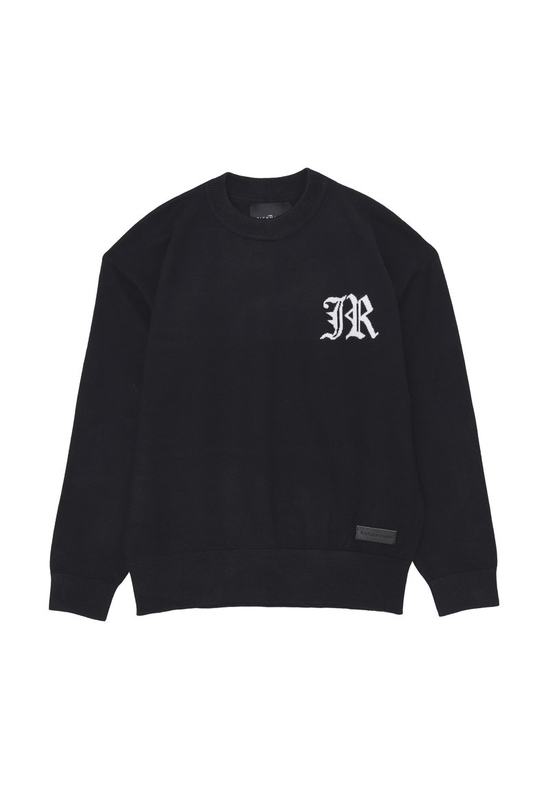 Maglione nero lavorato a maglia con colletto a girocollo, polsini e orlo a costine, con logo "JR" ricamato in bianco sul petto e un'etichetta nera sul lato inferiore.
