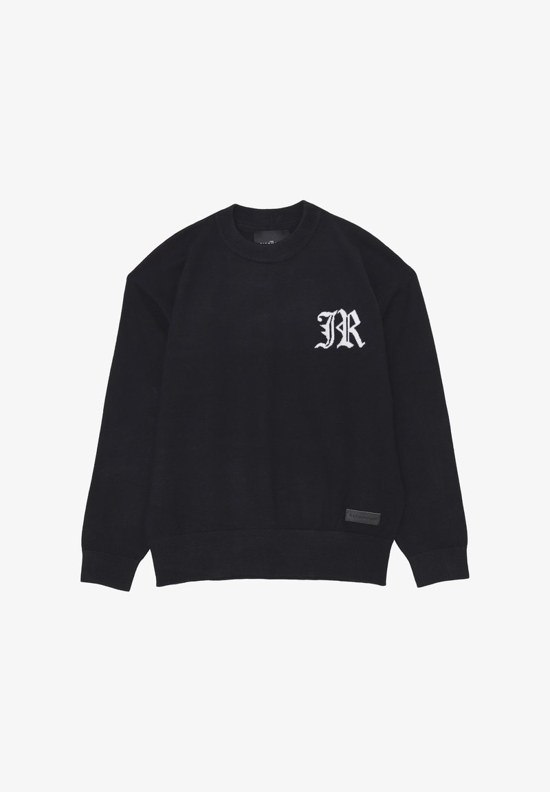 Maglione nero lavorato a maglia con colletto a girocollo, polsini e orlo a costine, con logo "JR" ricamato in bianco sul petto e un'etichetta nera sul lato inferiore.