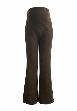 Pruunid, kõrge talje ja lõtvade jalgadega püksid, mis on valmistatud tekstureeritud kangast sileda viimistlusega ning turvalise taljeosa mugavuse tagamiseks.