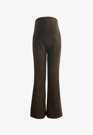 Pantaloni marroni a vita alta svasati realizzati in tessuto testurizzato con una finitura liscia e gambe larghe, dotati di una vita sicura per il comfort.