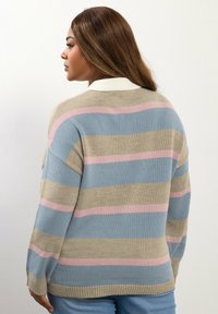 Maglione a righe in blu chiaro, beige e rosa, con colletto bianco e vestibilità ampia. Tessuto morbido e testurizzato con orlo a coste.