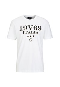 Witte katoenen t-shirt met zwarte en gouden tekst "19V69 ITALIA" met drie sterren en een schild graphic op de voorkant.