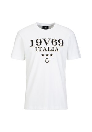 Witte katoenen t-shirt met zwarte en gouden tekst "19V69 ITALIA" met drie sterren en een schild graphic op de voorkant.