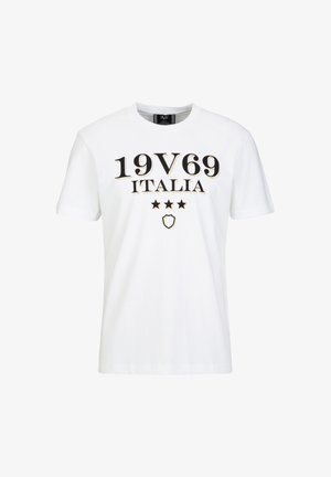White cotton t-shirt featuring black and gold text "19V69 ITALIA" with three stars and a shield graphic on the front.