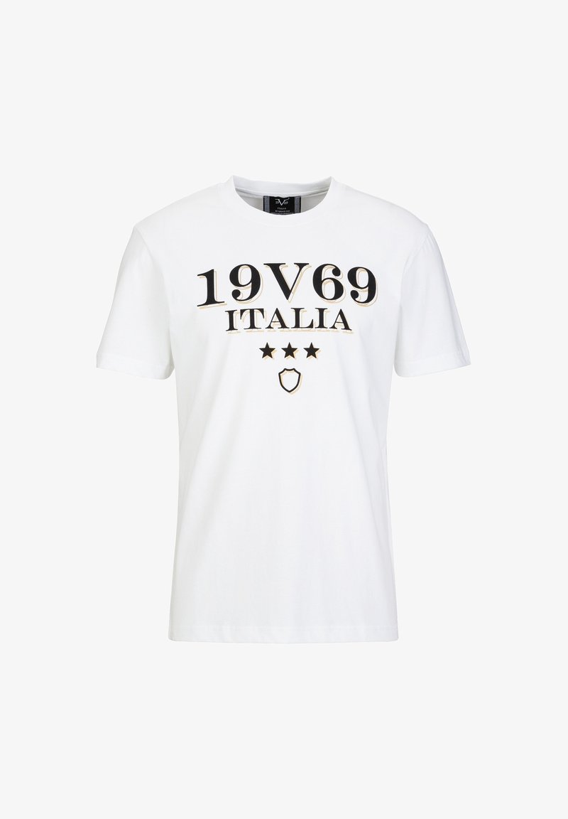 Witte katoenen t-shirt met zwarte en gouden tekst "19V69 ITALIA" met drie sterren en een schild graphic op de voorkant.