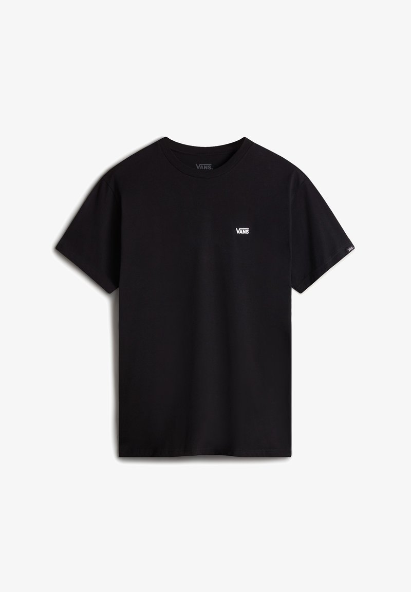 T-shirt noir Vans à manches courtes avec un petit logo Vans blanc sur la poitrine gauche, présenté sur un fond blanc.