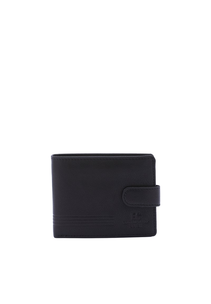 Portefeuille bi-fold en cuir noir avec finition texturée, doté d'une fermeture à bouton, d'un logo en relief et d'accents de lignes horizontales sur le devant.