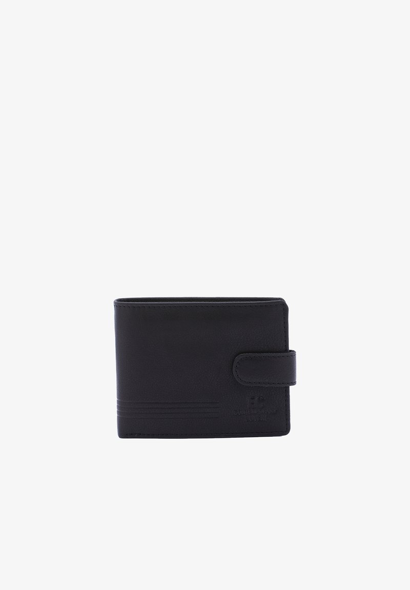 Portefeuille bi-fold en cuir noir avec finition texturée, doté d'une fermeture à bouton, d'un logo en relief et d'accents de lignes horizontales sur le devant.