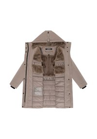 Khaki gewatteerde jas met bontvoering, verstelbare capuchon en meerdere zakken. Voorzien van een ritssluiting en geribbelde manchetten voor warmte en comfort.