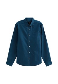 Donkerblauwe button-up shirt, lange mouwen, enkele borstzak, strakke kraag en witte knopen, gemaakt van katoen of een vergelijkbare stof.