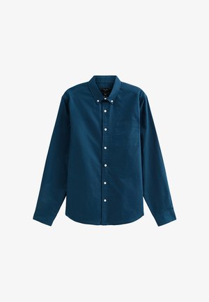 Dark teal button-up shirt, long sleeves, single chest pocket, crisp collar, and white buttons, made from cotton or a similar fabric.