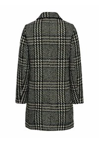 Manteau long à col avec motif pied-de-poule et à carreaux noir et blanc, vu de dos.