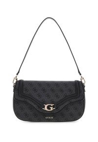 Borsa nera sintetica con motivo a logo in rilievo, hardware dorato e chiusura a pattina curva. Include una tracolla singola per il trasporto.