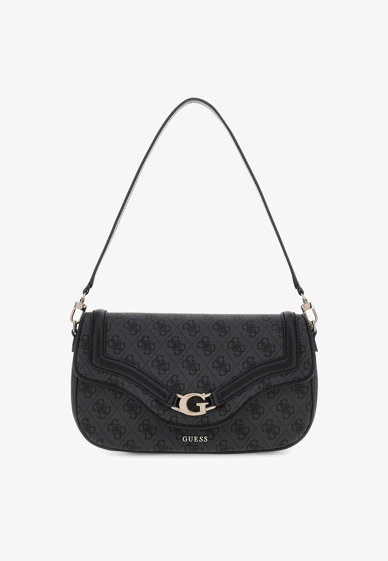 Fekete szintetikus kézitáska dombornyomott logó mintázattal, aranyszínű fémrészletekkel és ívelt fedélzárral. Egyetlen hordozó pántot tartalmaz.