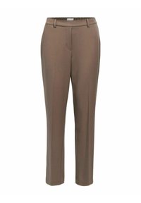 Pantalons taillés marron avec une taille élastique, présentant une coupe droite et des poches avant. Tissu lisse avec une texture minimale.