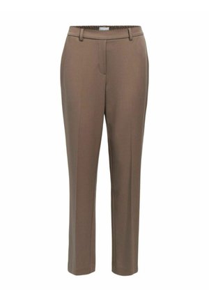 Pantalons taillés marron avec une taille élastique, présentant une coupe droite et des poches avant. Tissu lisse avec une texture minimale.