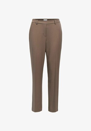Pantalons taillés marron avec une taille élastique, présentant une coupe droite et des poches avant. Tissu lisse avec une texture minimale.