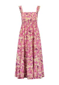 Smocked long dress with square neckline, ruffled straps, and floral pattern in pink, purple, and green on a light yellow background.