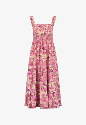 Kombinovaná dlhá šaty s hranatým výstrihom, volánovými ramienkami a kvetinovým vzorom v ružovej, fialovej a zelenej na svetložltom pozadí.